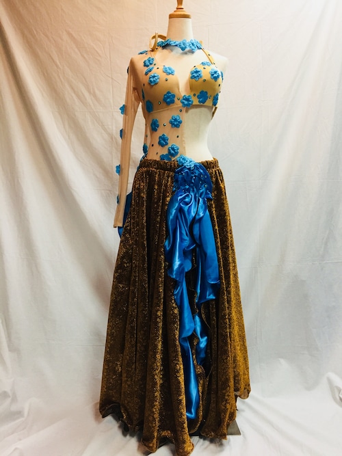 エジプト製 ベリーダンス衣装 コスチューム 水色&ゴールド
