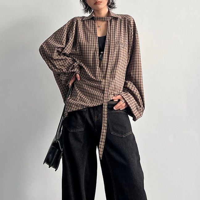 VINTAGE CHECK TIE V-NECK LONG SLEEVE SHIRT M-18495