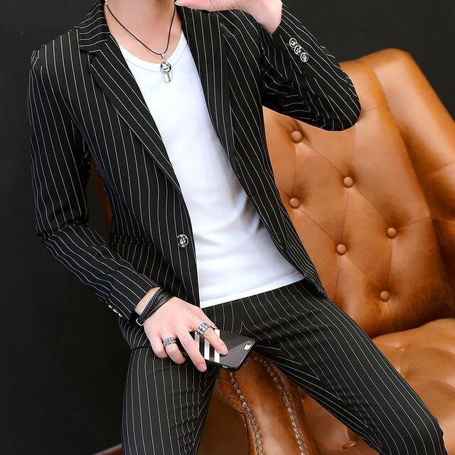 【予約販売】メンズ スーツ ストライプ柄 ブラック ブルー ホワイト シック 男前 ビジネス ジャケット パンツ セット セットアップ パーティ 二次会 同窓会 結婚式 韓国 トレンド M/L/XL/2XL/3XL