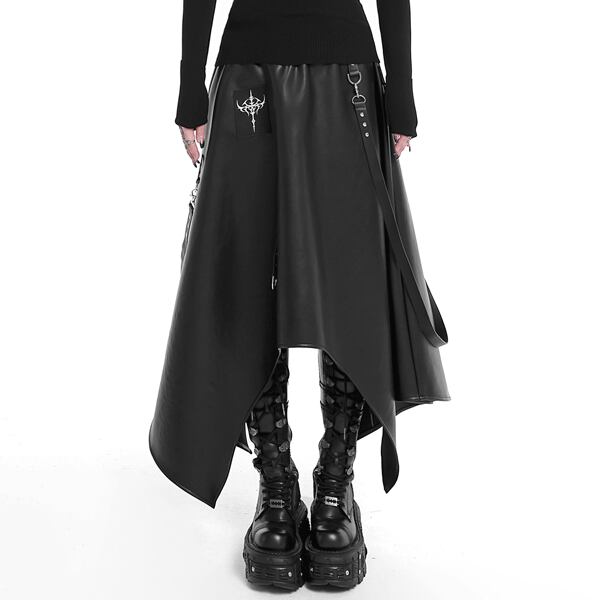 ウエストバンドアシメサイドストラップブラックPUスカート(ruf_02603)