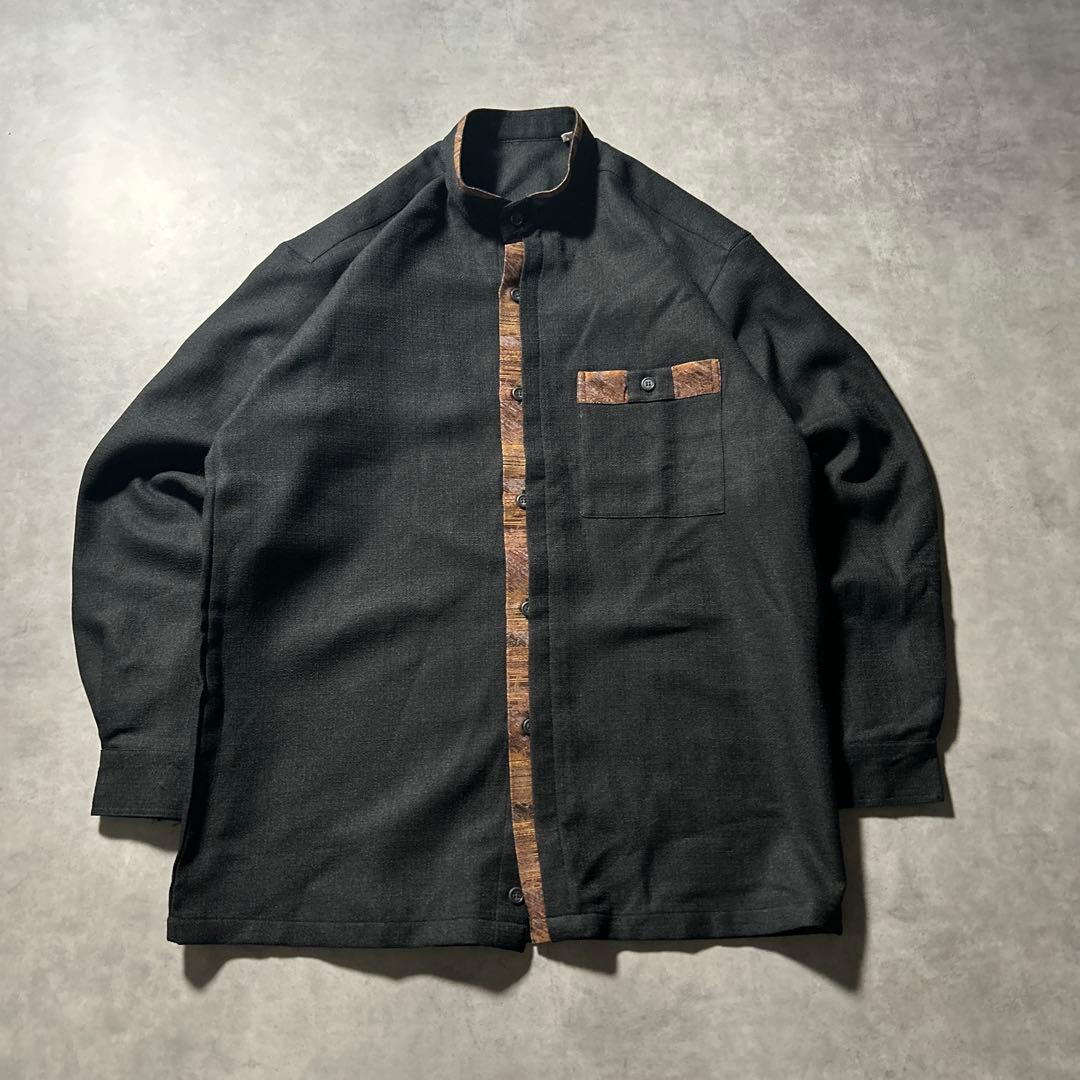 ヴィンテージ バンドカラー ブラック モノトーン デザイン レトロ シャツ