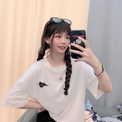 ✞ 刺繍ラウンドネック筋斗雲Tシャツ♥カワイイ♥ シャツブラウス ✞ゴスロリ SM ミリ 甘ロリ クラロリ 和ロリ エレガント 黒ロリ 姫ロリ 華ロリ BB-BB0625993