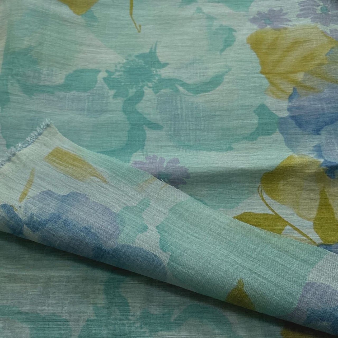 TC341◆3m◆L◆リネンポリエステル混シャリ感ありプリント生地◆花柄◆ミント系