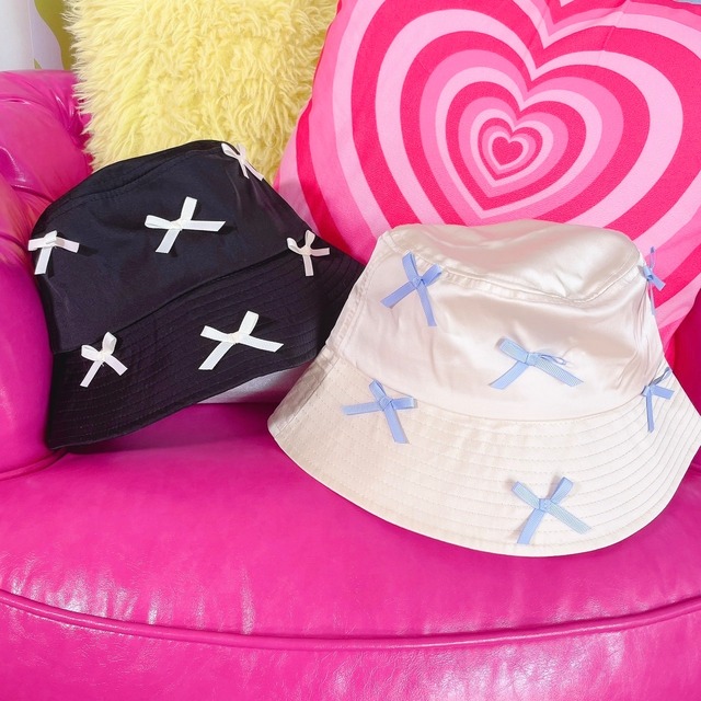 リボンバケットハット/韓国/レディースファッション/可愛い/女子/日よけ/おしゃれ/カジュアル/綺麗め/帽子/春/夏/秋/冬（9‐099）ホワイト（9‐100）ブラック