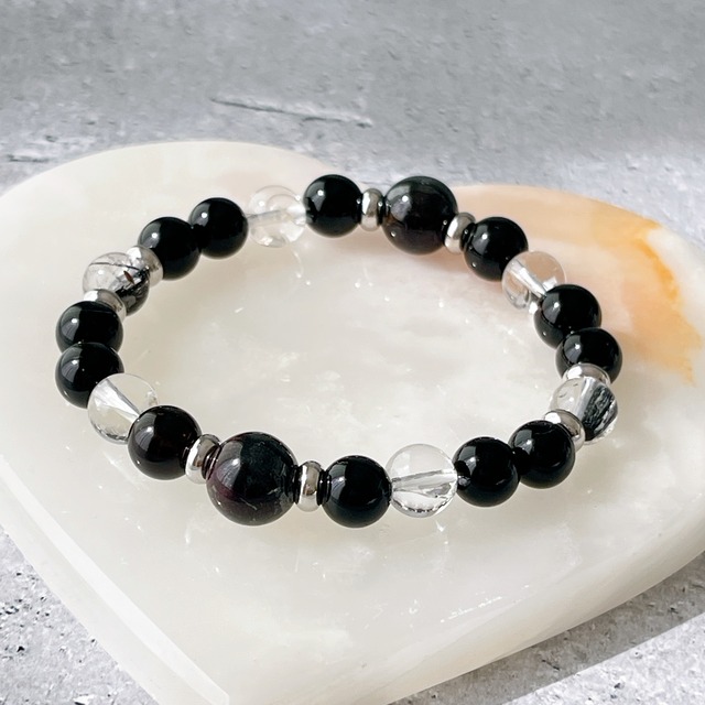 スギライト×モリオン8mm×トルマリネイテッドクォーツのお守りブレスレット✧数珠