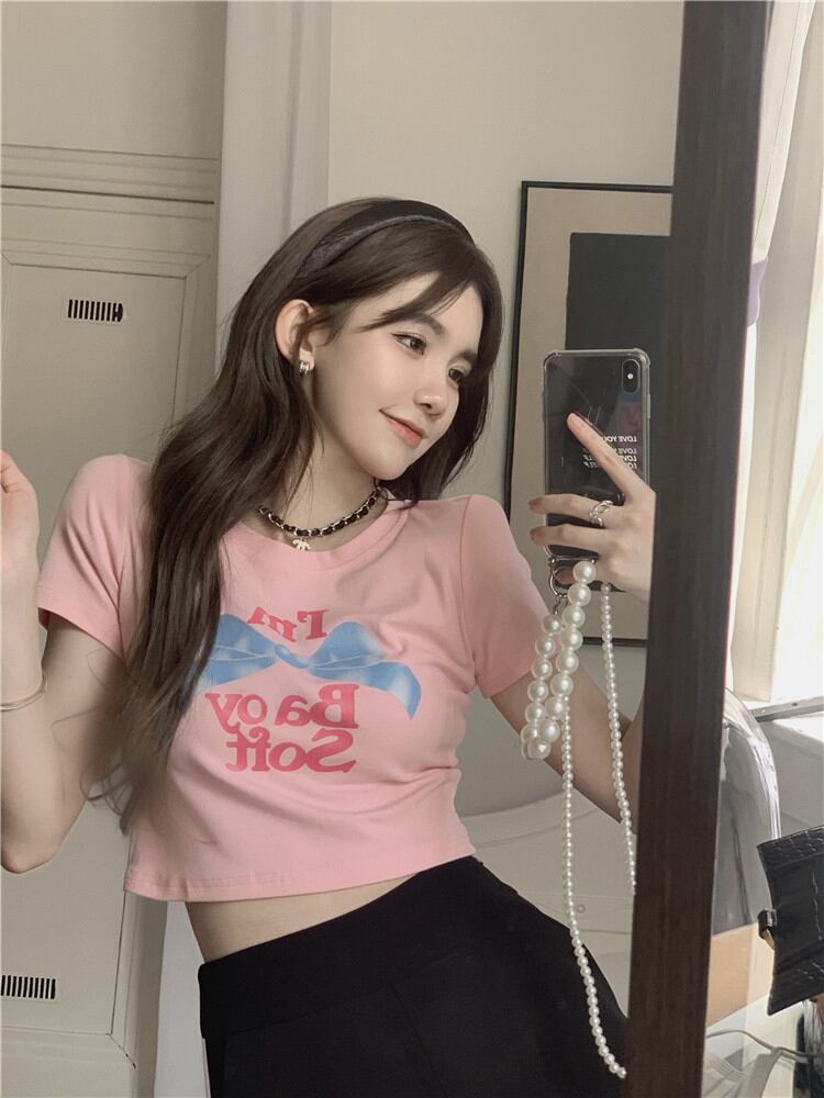 Tシャツ ショートトップス サマースタイル ピンク 大人ガーリー スウィート キュート カジュアル 夏物 ピュア ブラックストロベリース62280293870