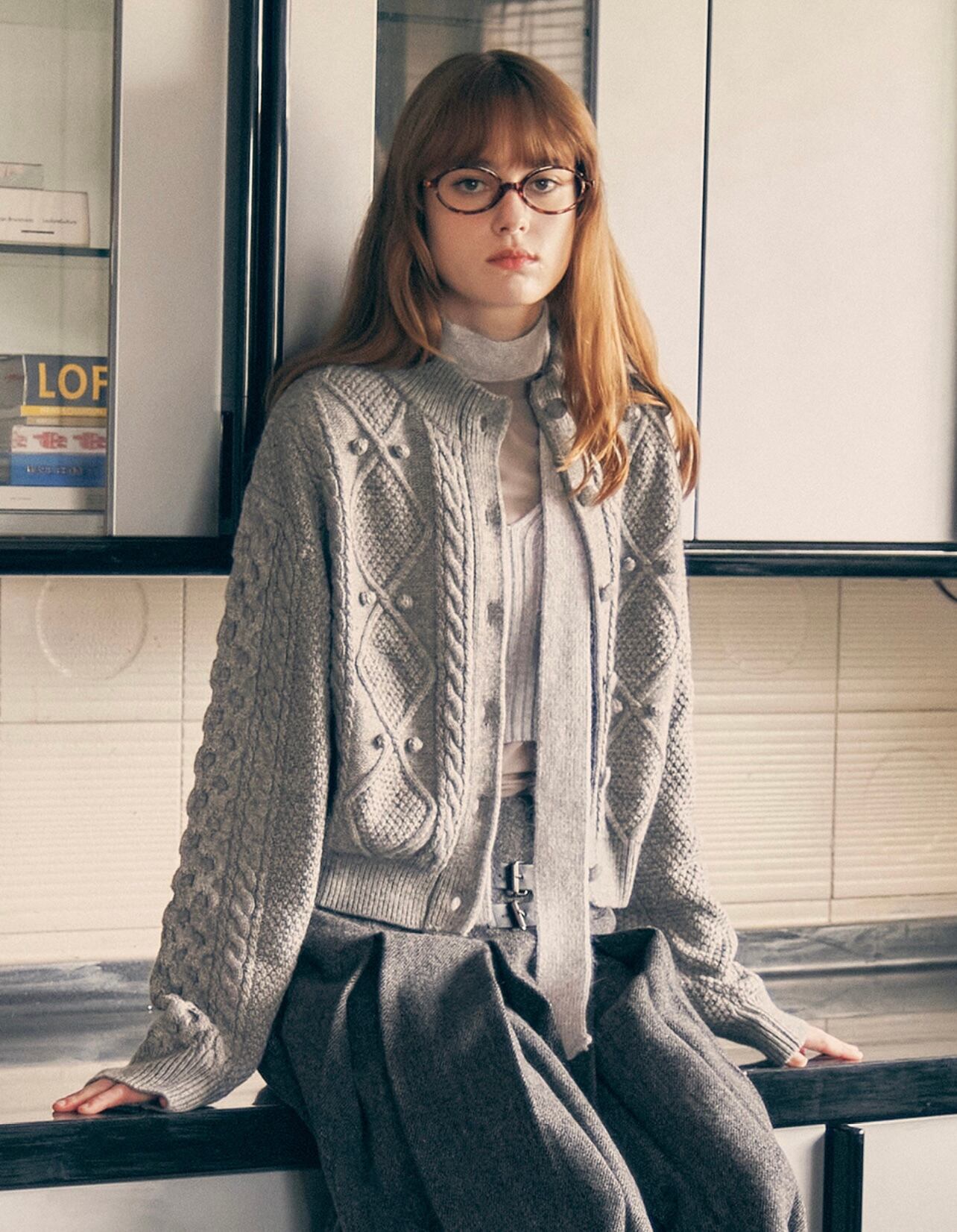 ROLAROLA] WOOL BUTTON CABLE CARDIGAN GRAY 正規品 韓国ブランド 韓国