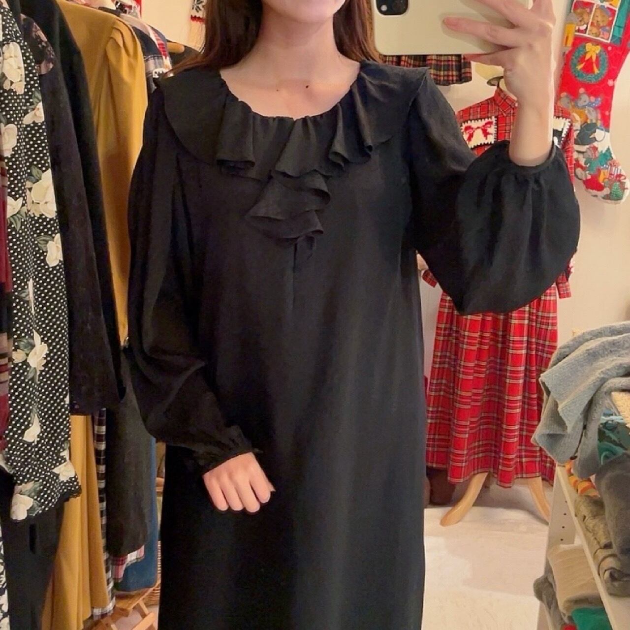 black frill collar flare one-piece