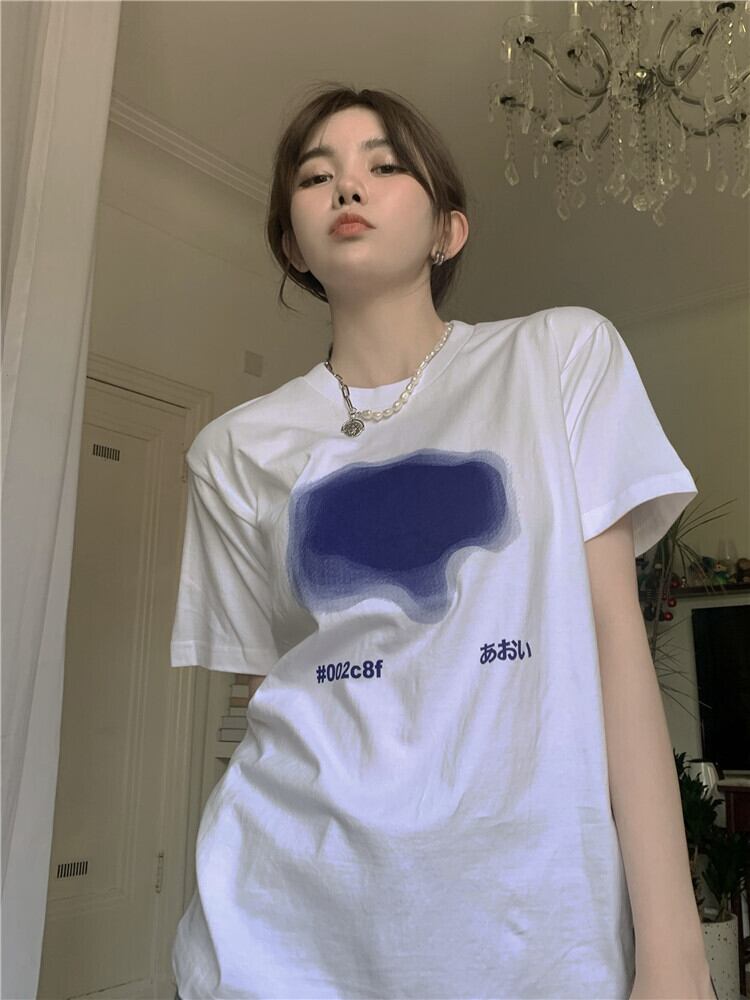 プリントTシャツ サマー薄手カジュアルルーズロングホワイトトップス 夏物 ブラックストロベリース19313070925