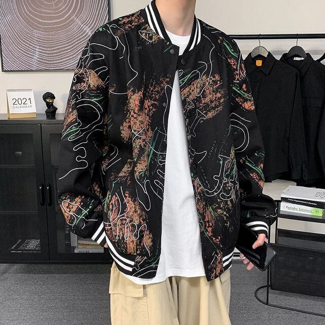 【予約販売】スタジャン 総柄 アウター ストリート メンズ ブルゾン カジュアルブラック ホワイト こなれ感 お洒落 韓国トレンド 春 夏 秋 大きいサイズ M/L/XL/2XL