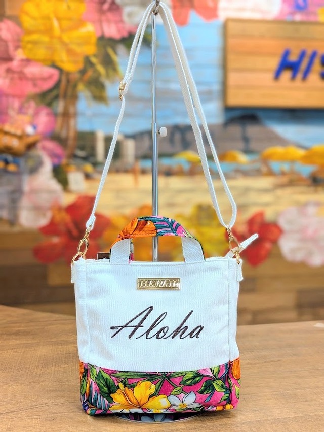 ハワイ直輸入ファブリック 2WAYキャンバスミニトートバッグ（Aloha刺繍）