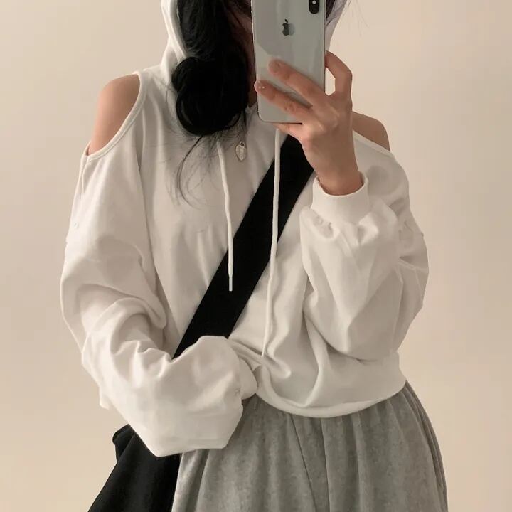 tops】オフショルダーフーディーパーカー M18906 | nanastyle