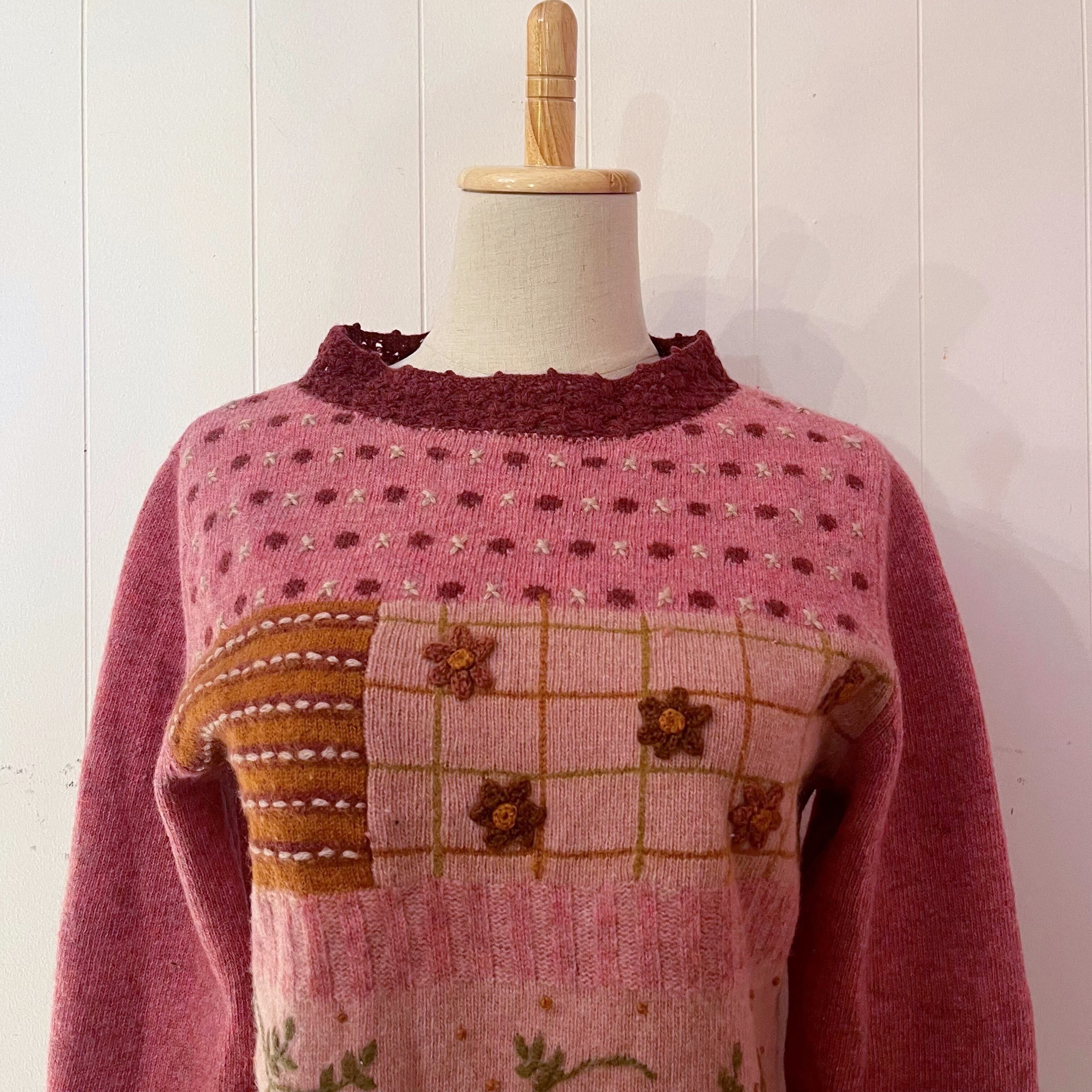 pink flower wool knit sweater