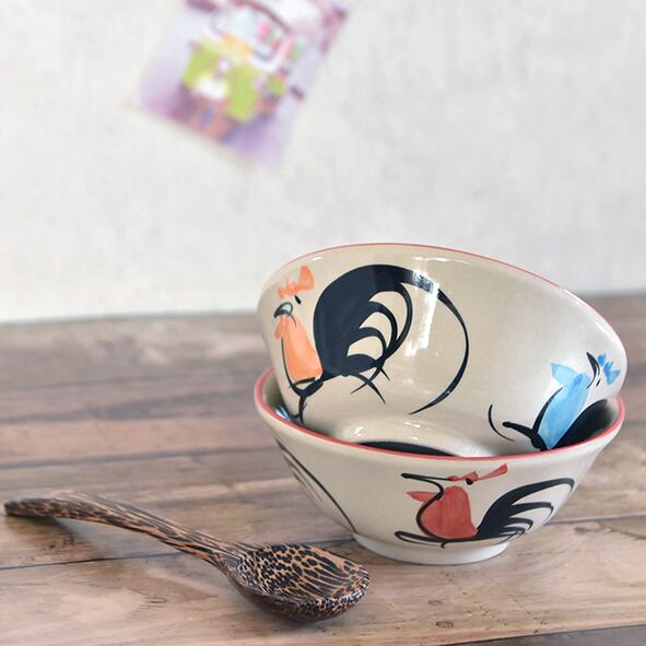 タイ ランパーン陶器 ニワトリ柄 ご飯茶碗 （ボウル） 3色のニワトリ