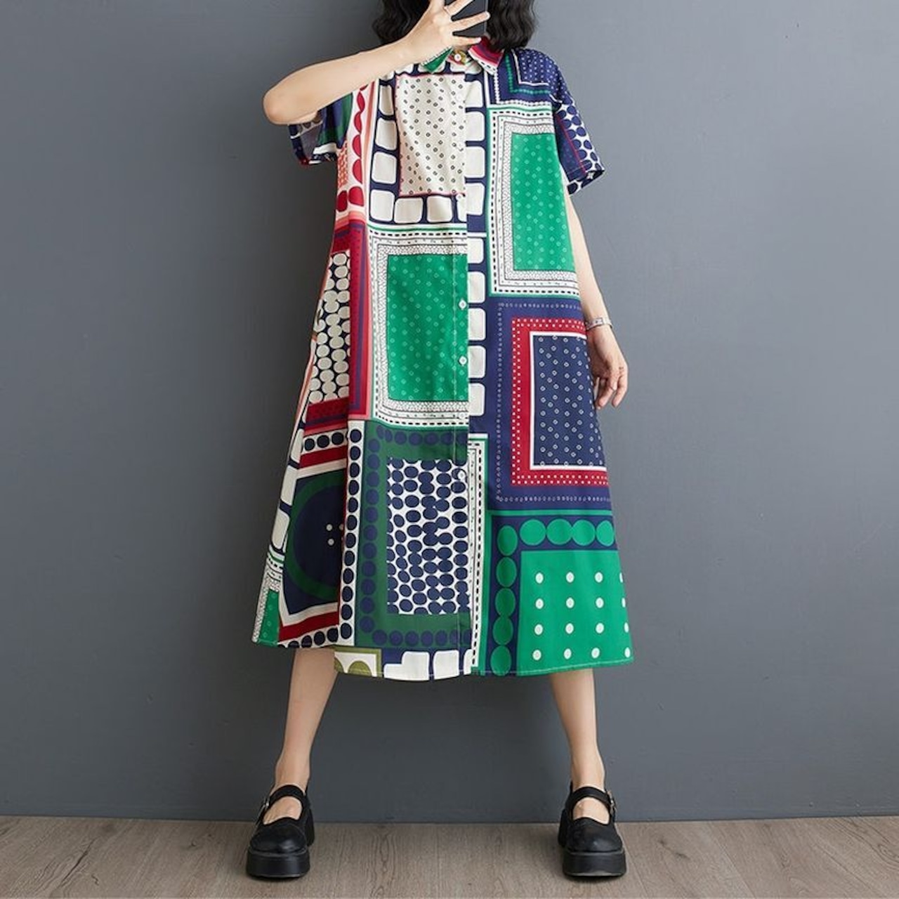 幾何柄 配色 シャツワンピース 30175
