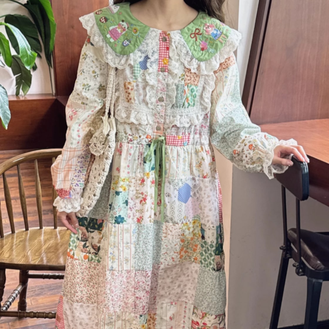 フォレスト刺繍カラー花柄パッチワークワンピース W1634 | PAY ID
