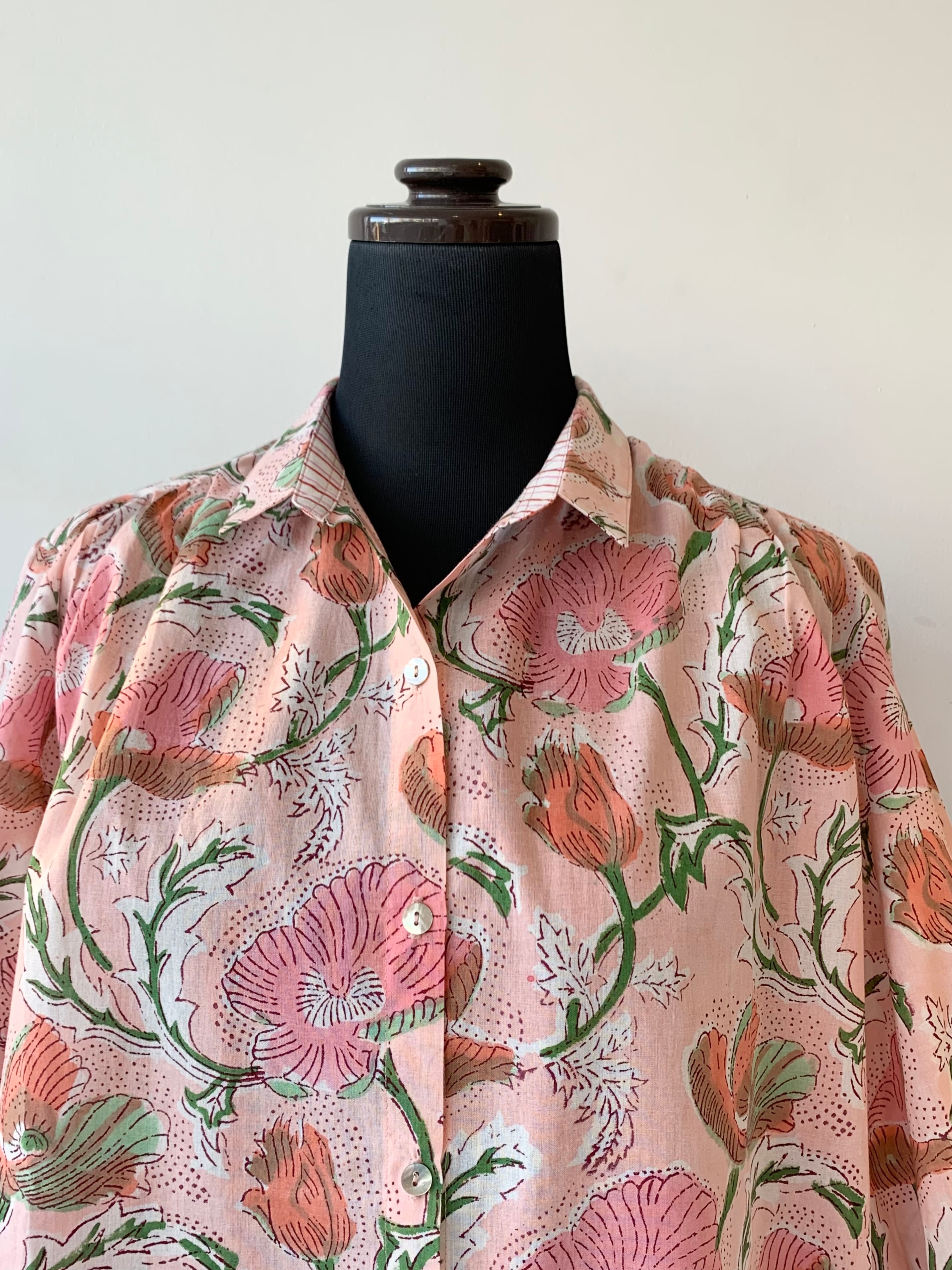 (Lサイズラスト) 限定ずつ2枚 シャツ 春夏ファッション 涼しい ピンク インド綿 ブロックプリント