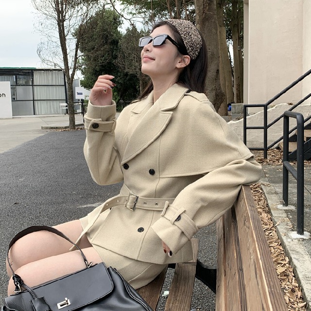 セットアップ スリーブドケープコート+スカート ミニマリストファッション ダークベージュ S M