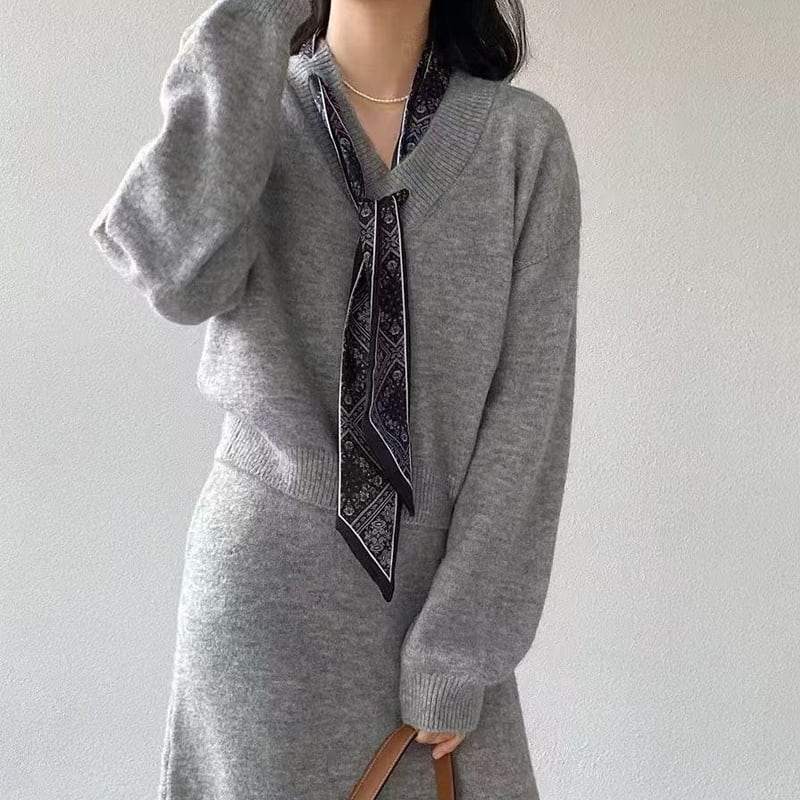 【set】スカーフ付きニットトップス×ロングスカートセット Q7055