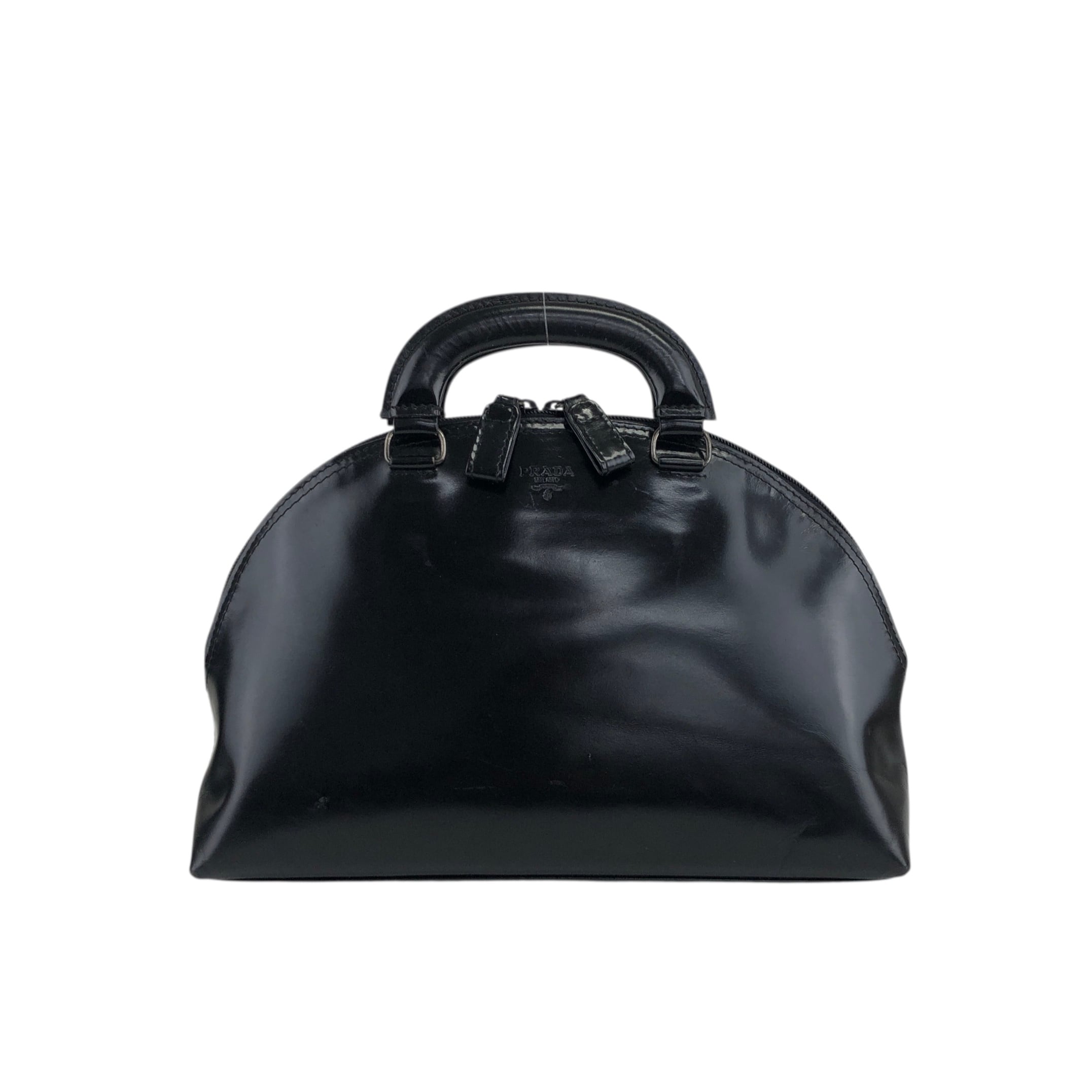 PRADA プラダ ハンドバッグ ブラック ロゴ レザー ボストン ラウンド