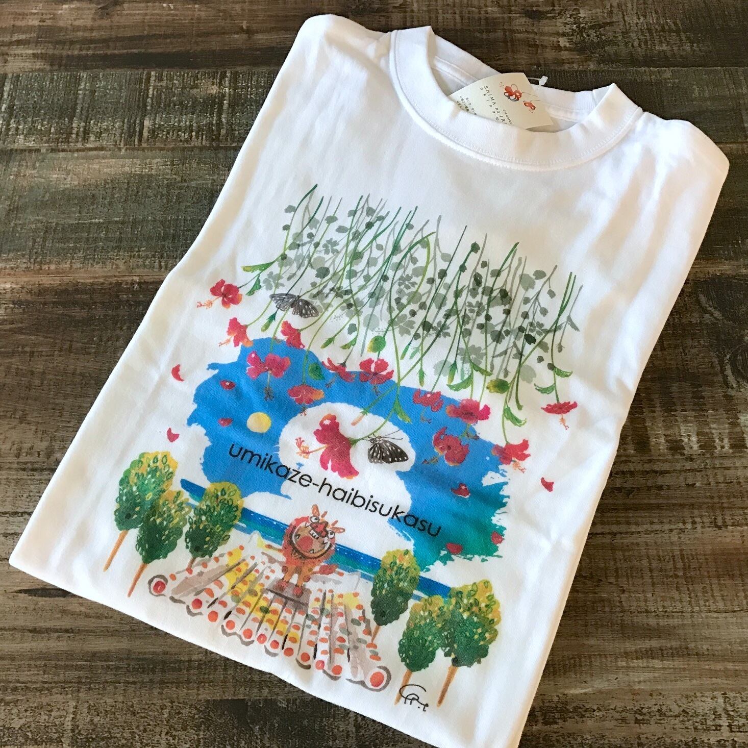73.Tシャツ「海風になびくハイビスカス」(男女兼用S/M/白地)