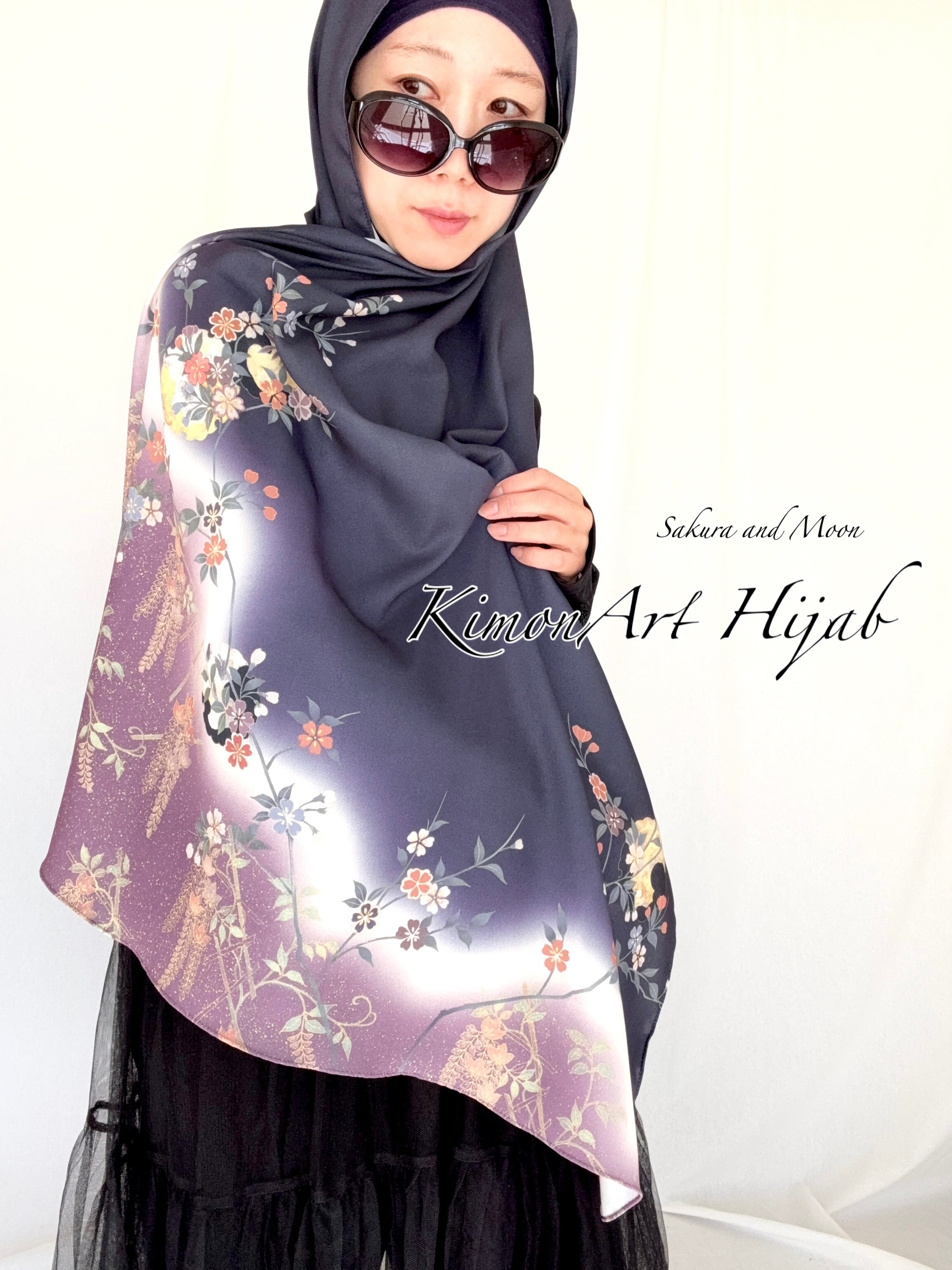 KimonArt Hijab)Sakura and moon pattern,Rectangle 桜と月(ネイビー