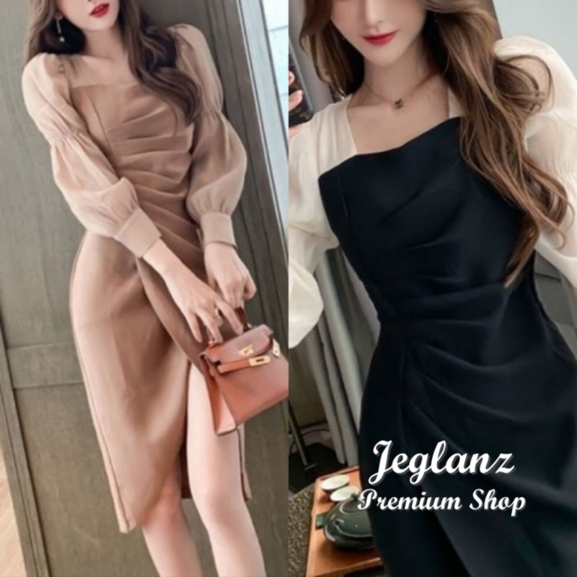 パーティ ドレス ワンピース 異素材 ボリューム袖 ドレープ 2色 (O1340)ζ