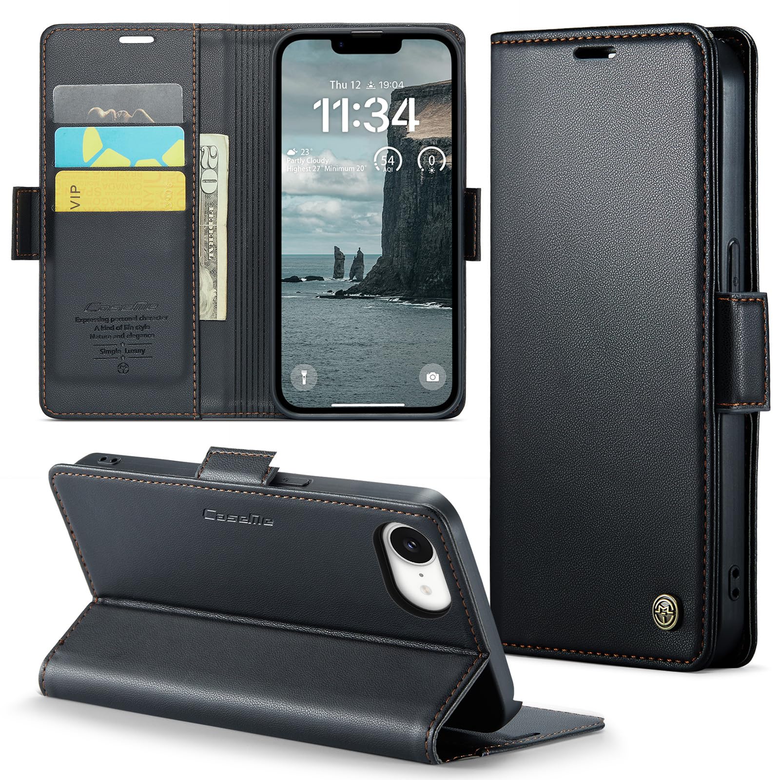JDDLang 対応 iPhone 17Eケース手帳型 iphone 17E財布型 携帯カバー アイフォン17Eスマホケース(ブラック)