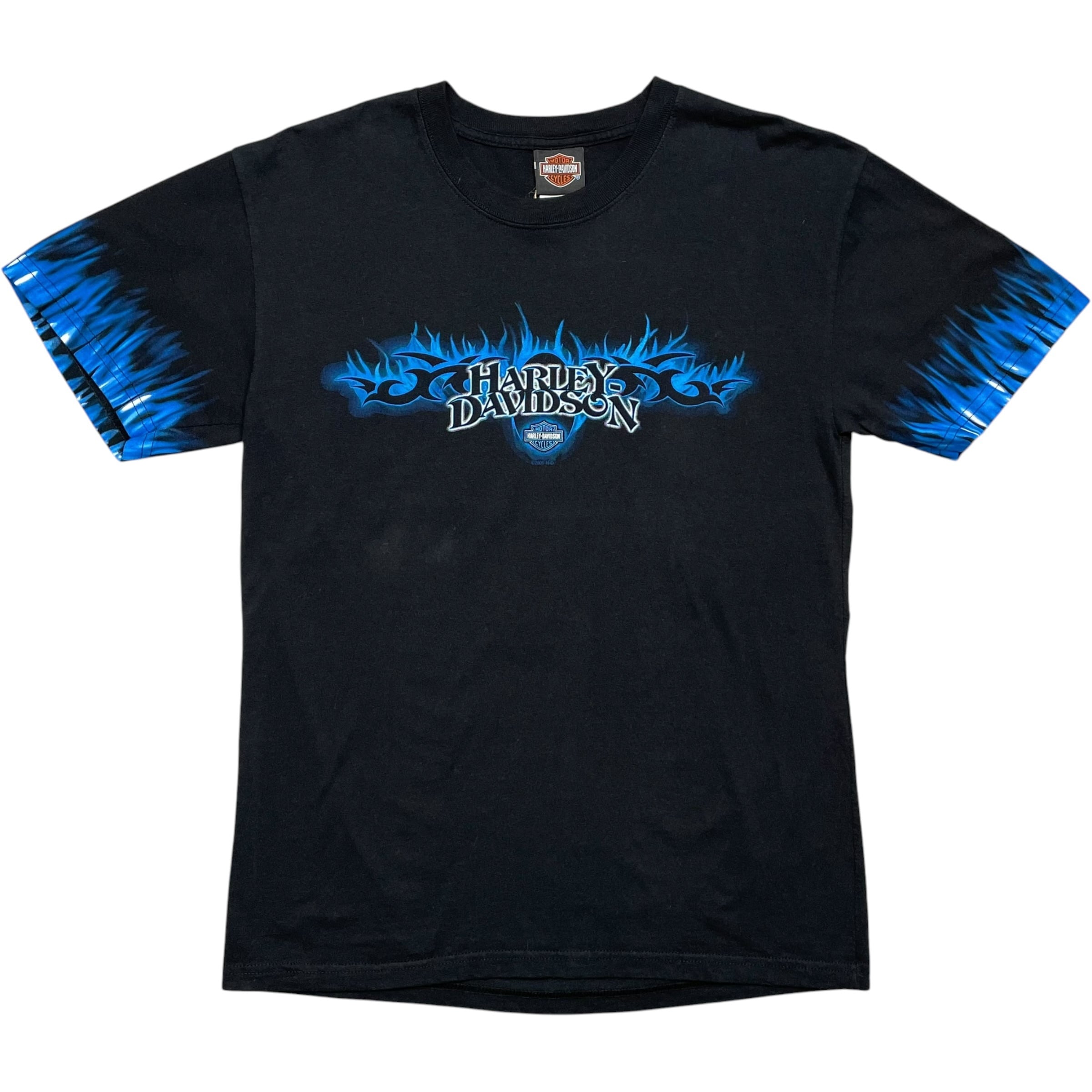 《M》 Harley-Davidson ハーレーダビッドソン Tシャツ ブラック ブルーフレイム プリントデザイン no.10063