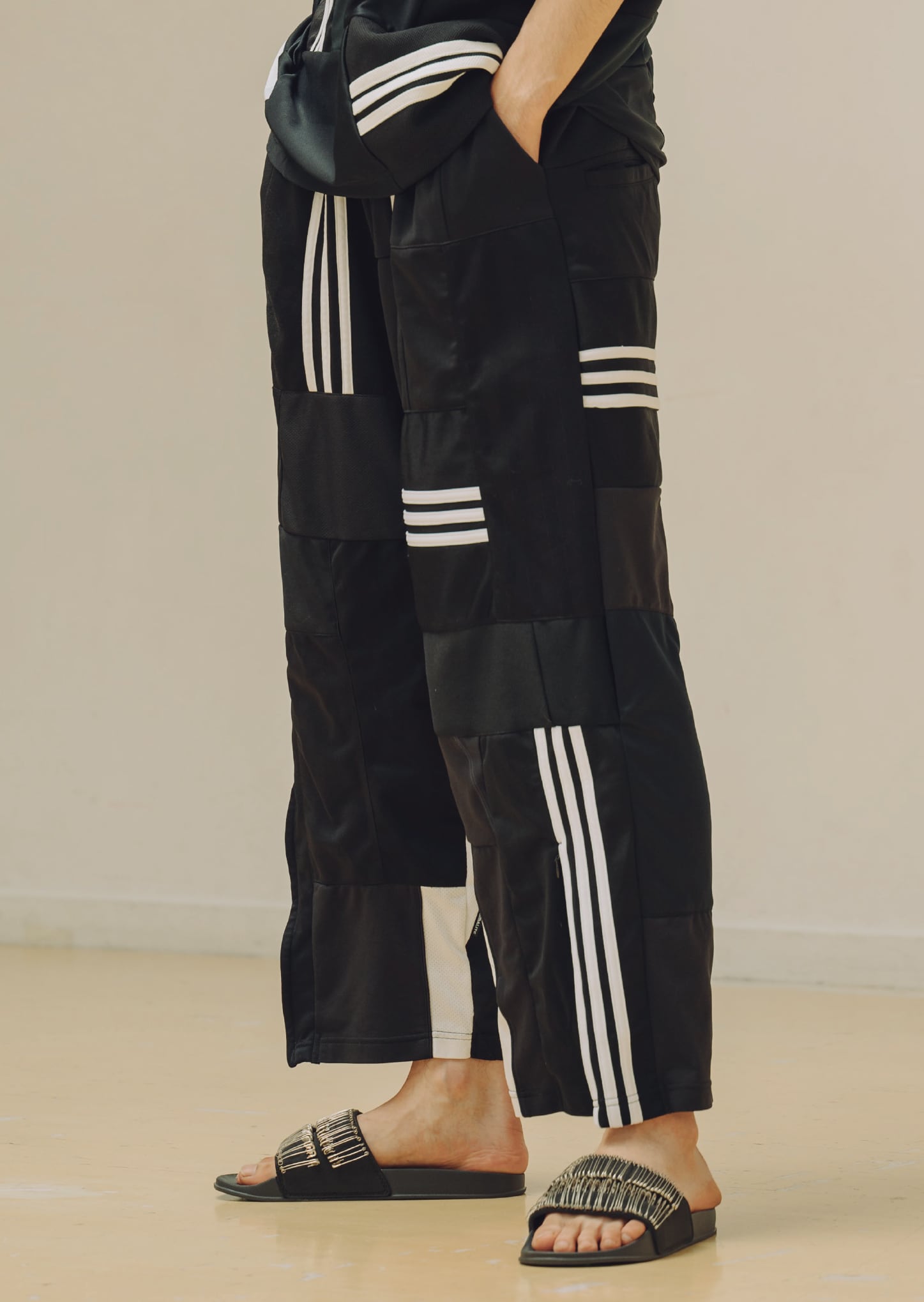 Sport material mix patchwork wide track pants -スポーツマテリアル