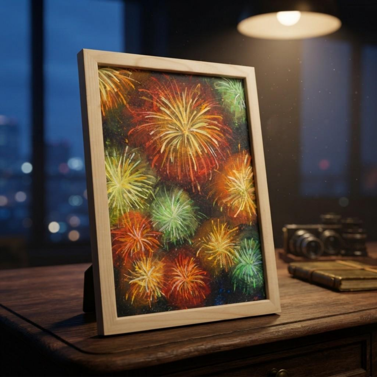 絵画 花火　油絵 百花繚乱の夜に】 油絵 原画 『花火』 額縁付き / 夏のインテリア