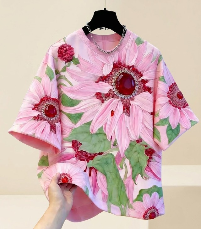 pink statement jeweled floral t shirt<t3078>