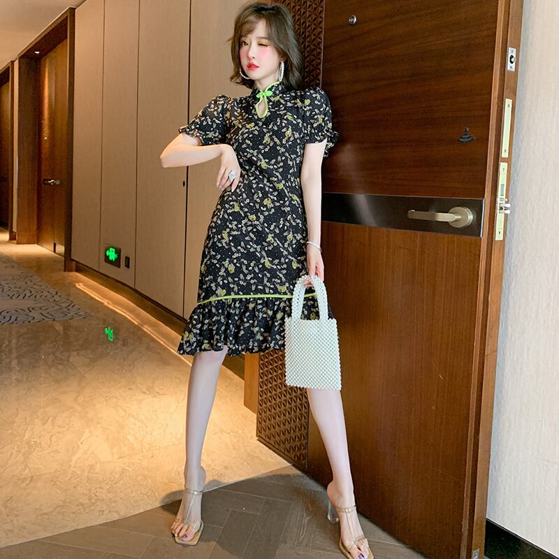 カラーバックルウェストプリントドレス ステッチ MIUCO58913957906