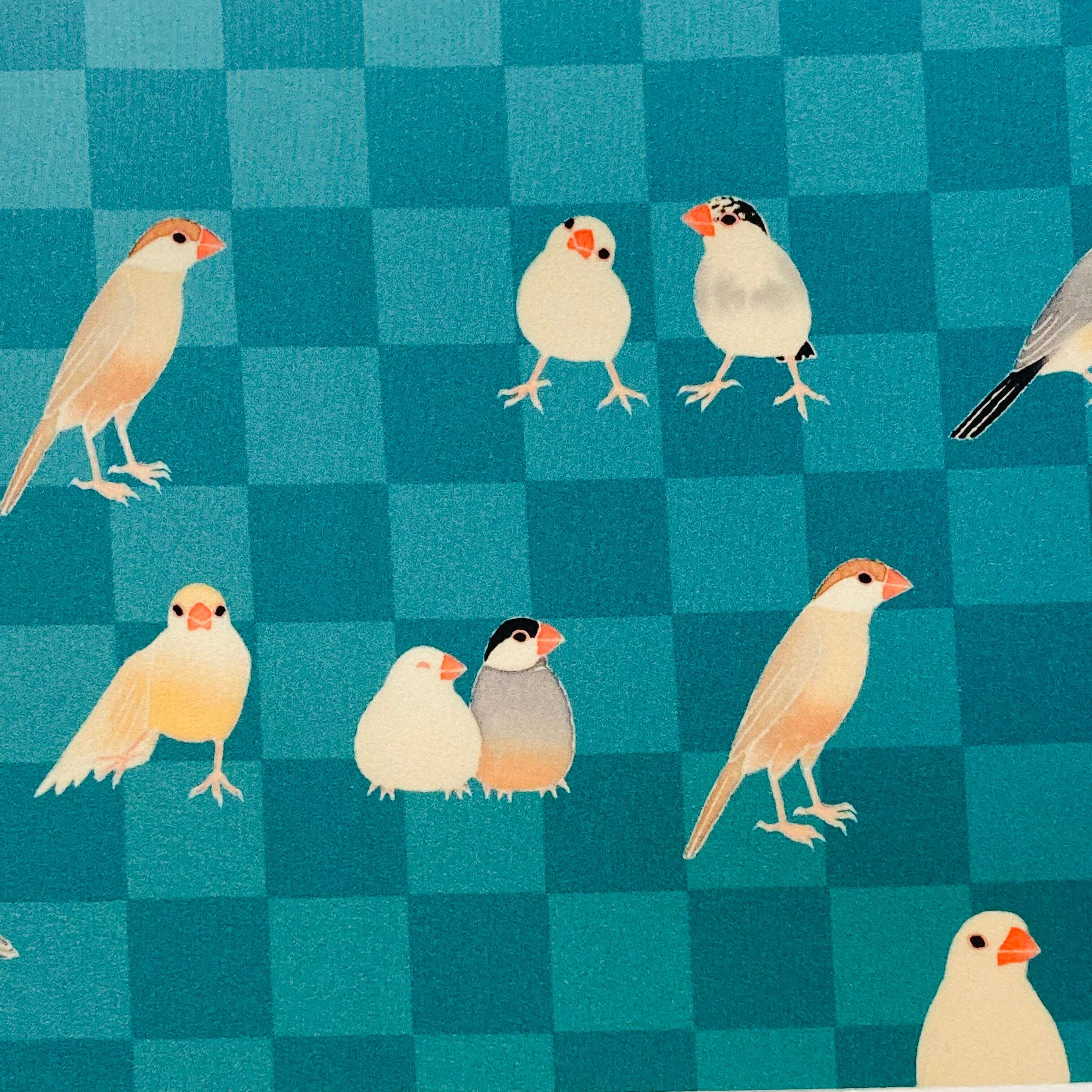 some-pri 帯揚ストール「文鳥図鑑市松」青緑 | 染工房ユキヤオンライン