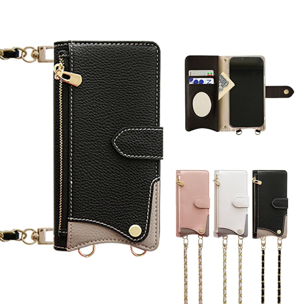 Koda | For AQUOS wish3 (SH-53D/A302SH) ケース 手帳型 ショルダー かがみ付き 財布機能付き スマートフォンケース カバー 手帳 (カラー:Black ブラック)