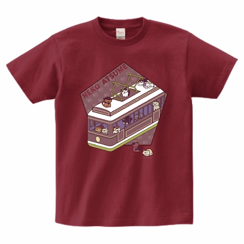 ねこあつめ　電車柄Tシャツ（レッド）