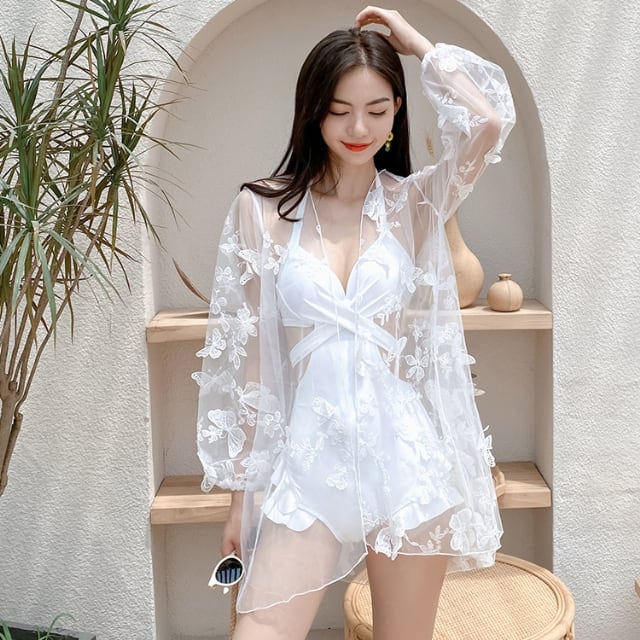 【予約販売】水着 レディース ワンピース ガウン 2点セット ブラック 黒 ホワイト レッド レース 蝶柄 シアー スカート フレア レース 背中見せ フリル ビーチ リゾート スイムウェア こなれ感 お洒落 韓国 トレンドM/L/XL/2XL