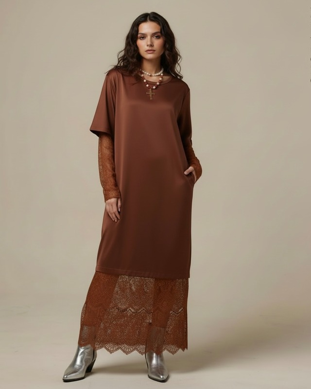Lace Layered T-Shirt Dress/Cinnamon