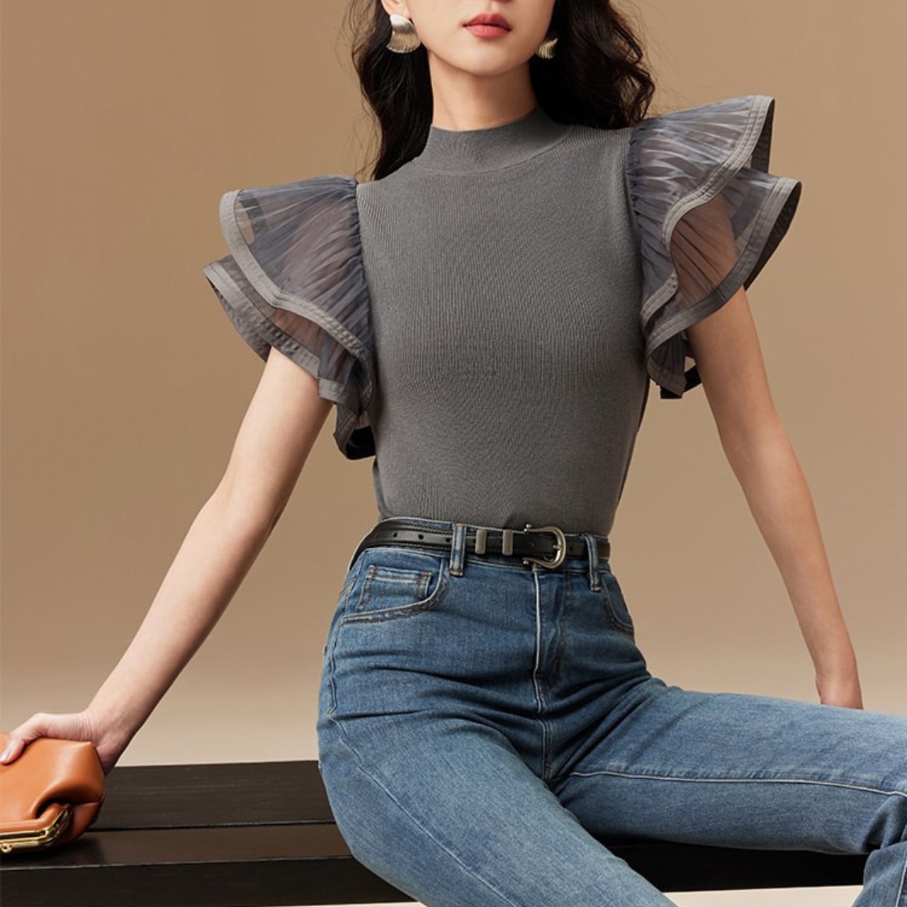 フリル スリーブ シアートップス 2color T092