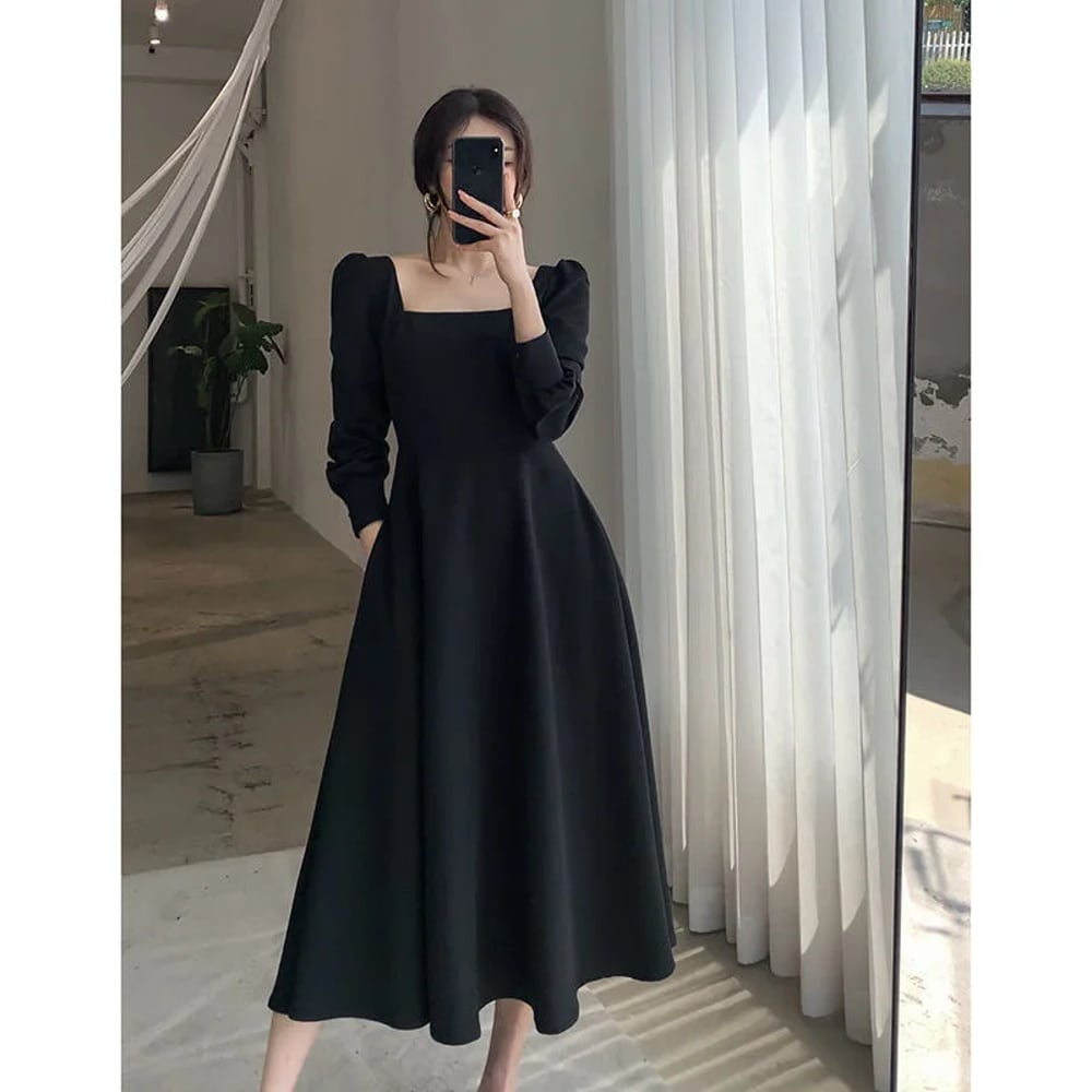 レトロ スクエアネック フランス 長袖 黒 ワンピース 秋 コレクション