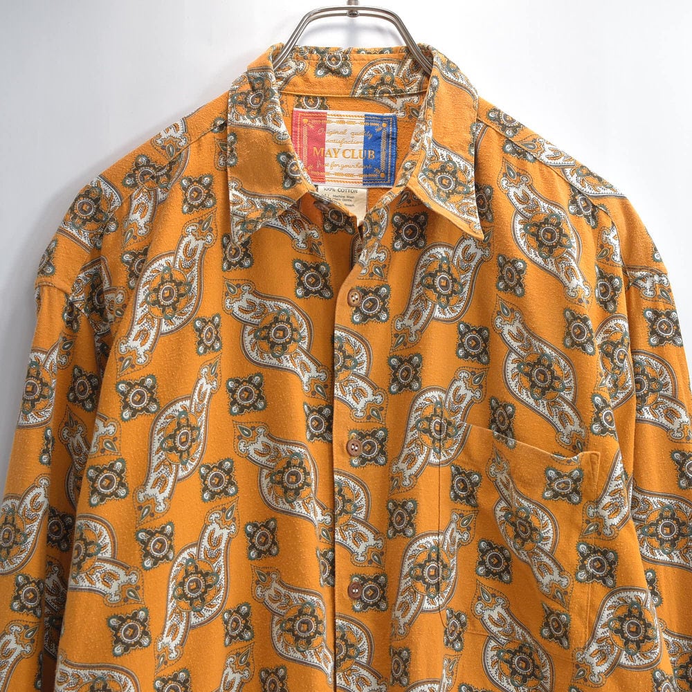 80~90s 日本製 MAY CLUB レトロ ボタニカルパターン 総柄 コットンシャツ ジャパンヴィンテージ ペイズリー イエローオーカー 長袖 ビンテージ 古着 メンズMサイズ