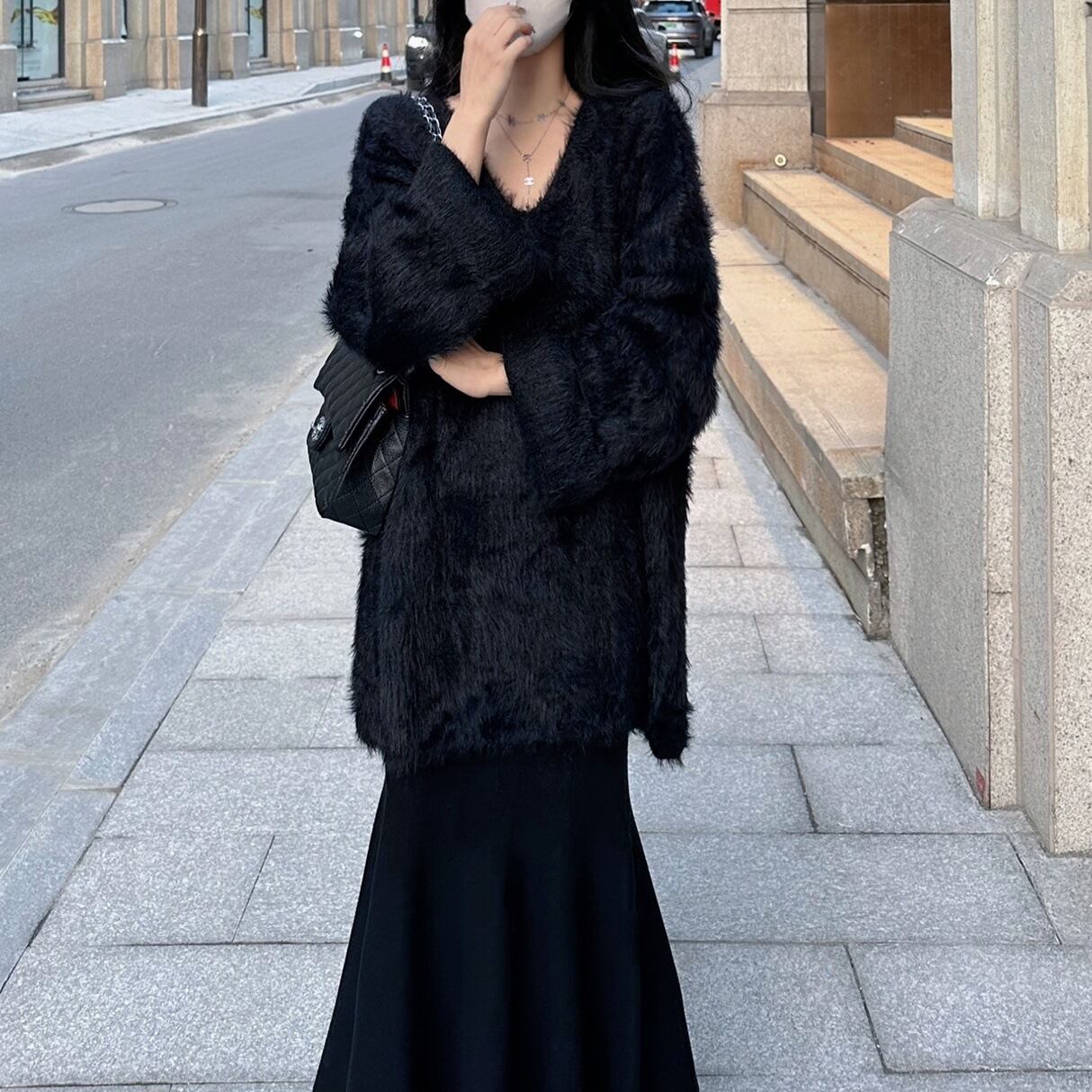 即日発送】Vネック シャギーニット オーバーサイズ ふわふわ 大人