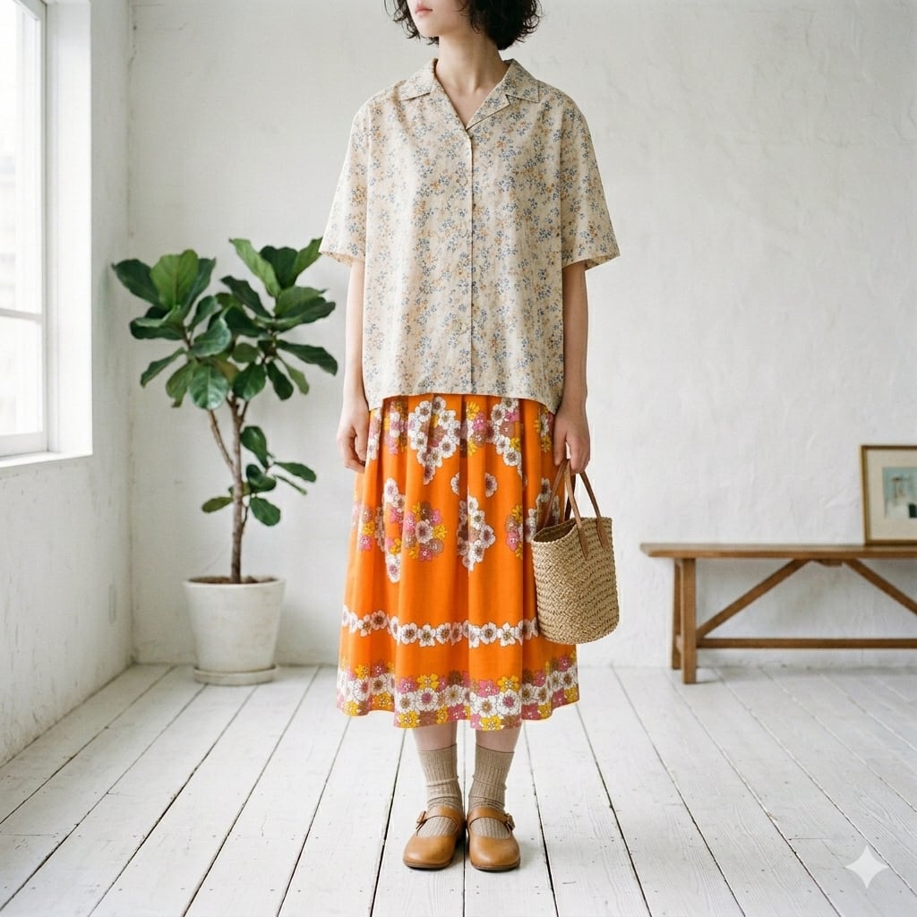 夏。小柄さん♪ドイツヴィンテージ生地 ビビットオレンジ×花柄のレトロ