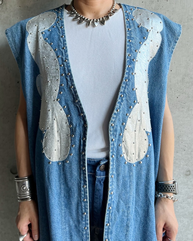 80s vintage studs design denim long vest