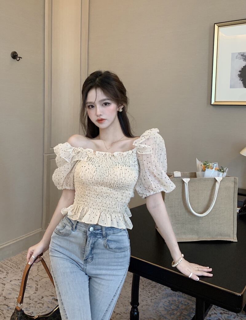 水玉シフォンシャツ サマーショートトップス 夏物 ブラックストロベリース12442021203