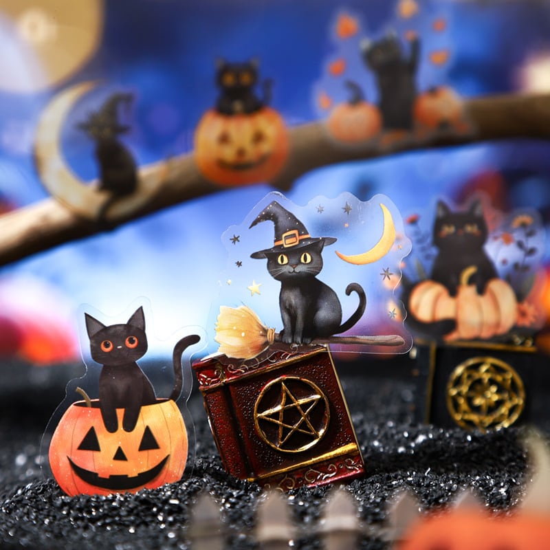 新入荷】ステッカー ハロウィンPET素材 黒猫 カボチャ 魔法 花 月 AB25