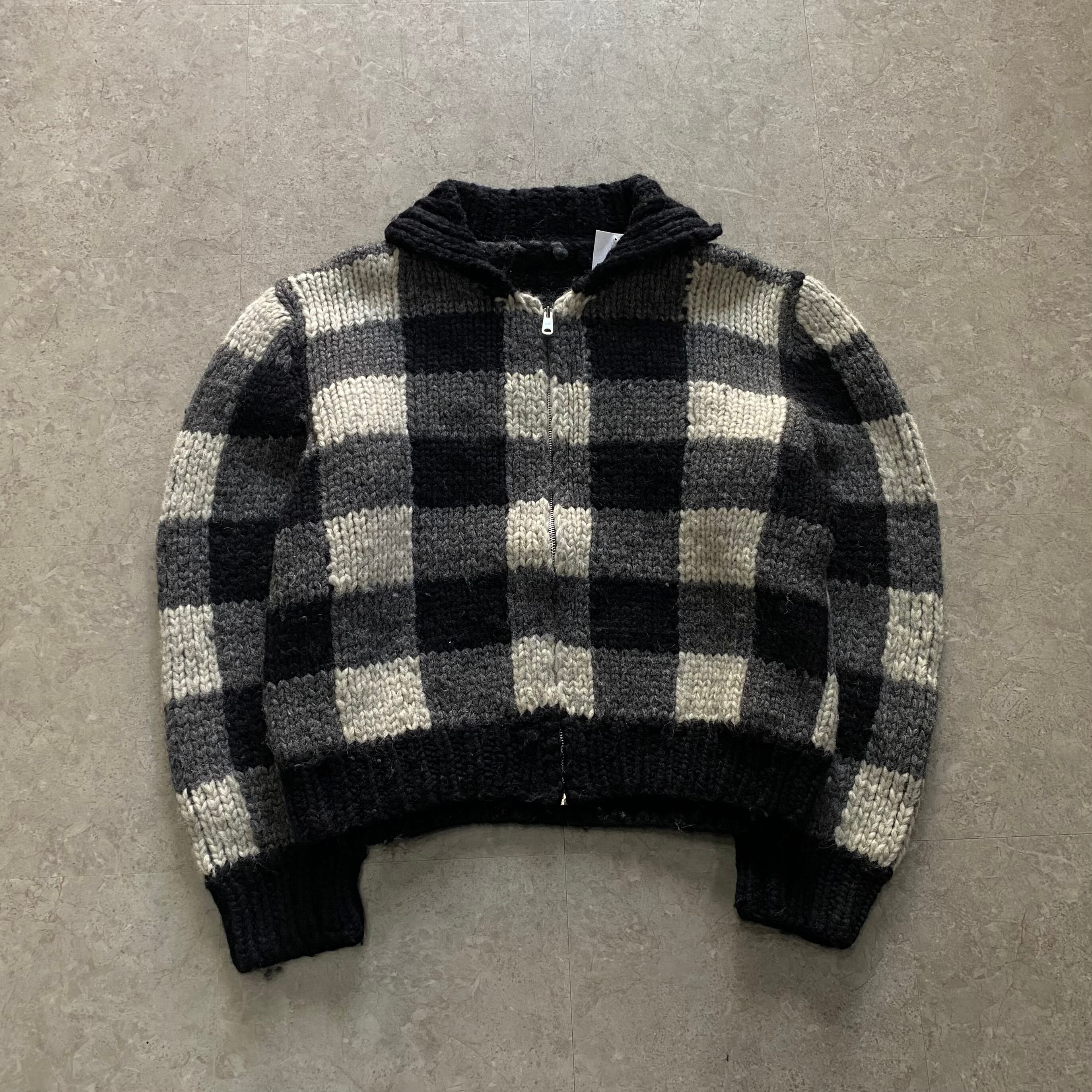 80s check pattern hand knit zip up jacket【仙台店】
