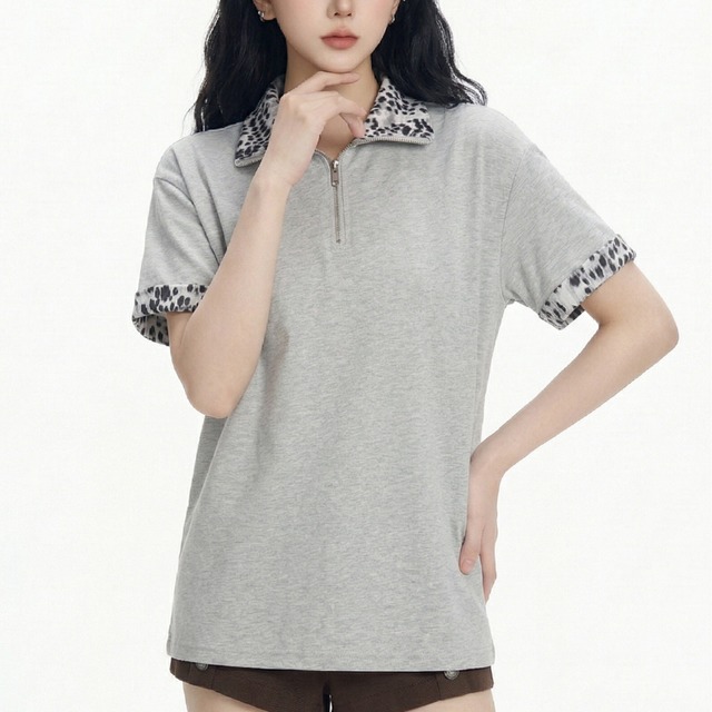 leopard print half-zip polo short-sleeve tee　レオパードポイントハーフジップポロ半袖ティー　J1863
