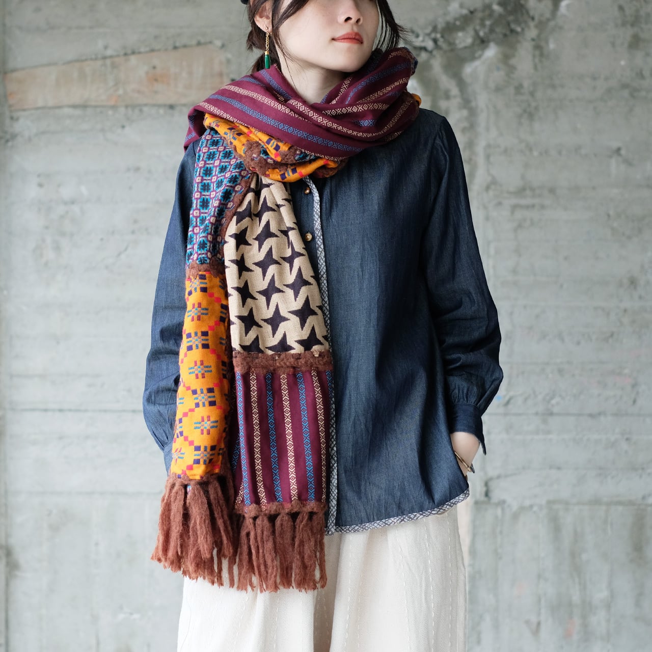 【復刻再販】主役級マフラー!柄生地パッチワーク大判ストール(22w-18)パターンC