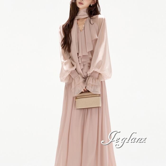 フリルカラー マキシ ワンピース ドレス ギャザー リボン(MB735)ζ☆